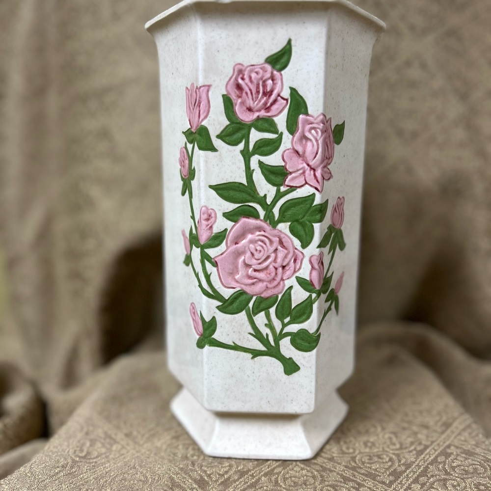 Vintage Art Deco Floral Ceramic Vase with Pink Roses